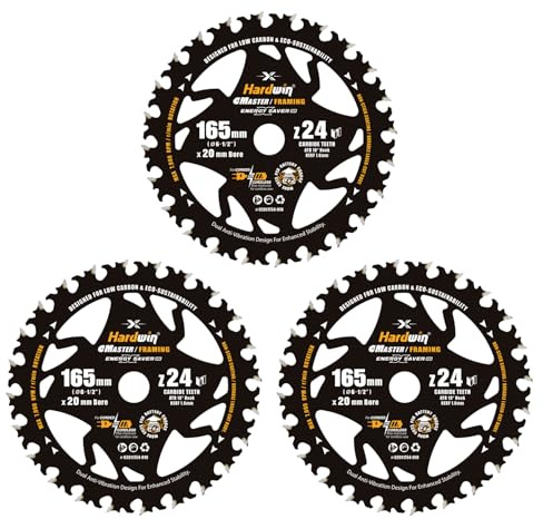 HARDWIN HM Kreissägeblatt 165x20mm, 3tlg., 24T Dünnschnitt für Holz | 3 HM-Sägeblätter mit 24 Zähnen für Holz, Weich- und Hartholz; Dünnschnitt für schnelle Schnitte mit Akku- und Handkreissägen.