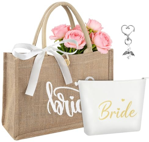 4er Set Jute Braut Tragetasche mit weißem Schleifenband, Kosmetiktasche