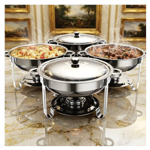 Chafing Dishes for Buffet 4 Pack, 5QT Round Stainless Steel Chafing Dish Set Food Pan with Lid, Buffet Warmers Sets for Home, Gatherings, Birthday, Parties, Church Events, Catering Events