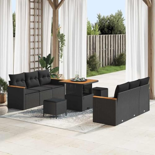 Frdhee Muebles de balcón grupo de asientos de jardín, sofá de jardín con cojín 9 piezas de ratán negro de poli , adecuado para balcón, terraza, fácil de mantener