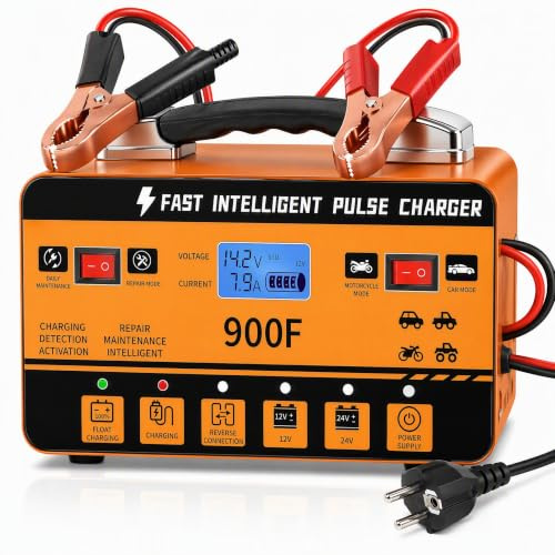 Cargador de batería 12 V 24 V Pulso inteligente – Cargador de reparación automático con modo verano y protección de 6 vías, para coche, camión, moto, scooter y barco
