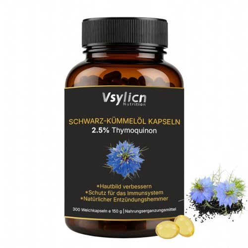 Schwarzkümmelöl Kapseln Hochdosiert 1500mg | 300 Stück (6 Monate Vorrat) | Mit 2.5% Thymochinon & MCT Öl | Nigella Sativa Kapseln für Immunsystem & Hautbild | Kaltgepresst & Glutenfrei