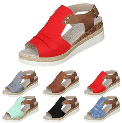 Sandaletter damer med klack, eleganta romerska sandaler, bekväma kilsandaler, spänne, espadriller, supermjuka damsandaler, platåsandaler, damer, kilklack, trädgårdsskor, röd, 36 EU
