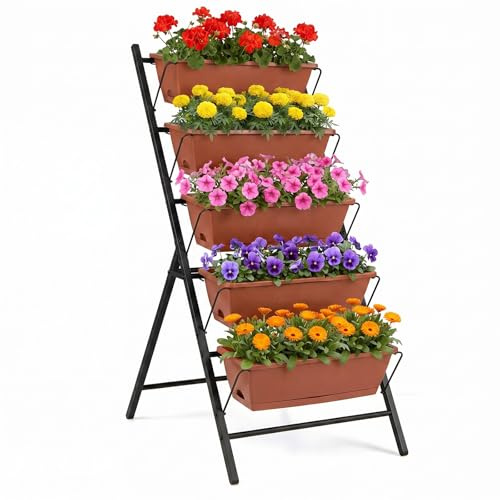 COSTWAY Jardinière Verticale Surélevée à 5 Niveaux sur Pied (Rouge) | Bac à Fleurs Autoportante avec 5 Bacs de Plantation et Trous de Drainage Plateau Amovible, pour Jardin Balcon Terrasse