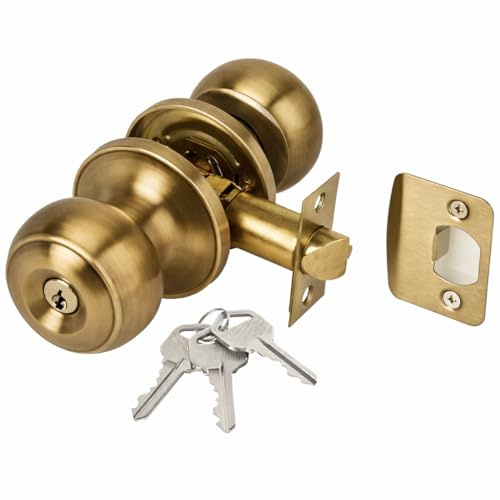 Hunta HANDLEZONE® Riva Entrance Door Knobset, Key Locking Interior Door Knobs, Adjustable 60-70mm Latch, 1 Set - Antique Bronze