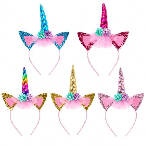 QhgPnt 5 Pcs Unicorn Headbands, Unicorn Horn Hair Accessories for Girls, Rainbow Unicorn Headband Set for Birthday Parties and Cosplay Events, Blue Pink Gold Multicolour Rose Red Collection