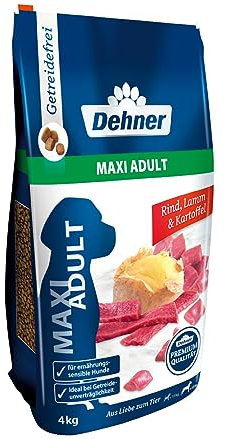 Dehner Premium Hundefutter Maxi Adult, Trockenfutter getreidefrei, für ausgewachsene Hunde großer Rassen, Rind / Lamm / Kartoffel, 4 kg