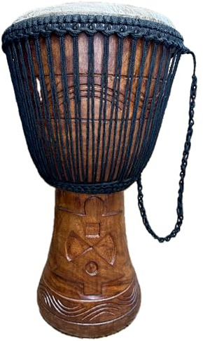 AMI 13-Inch Authentic Professional Djembe Drum with Beautiful Hand Carvings - Comes With 3 Free Instruments Worth £35