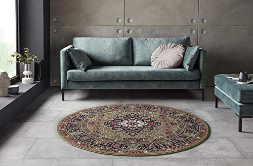 Nouristan Mirkan Orient Teppich Rund – Wohnzimmerteppich Orientalisch Kurzflor Vintage Orientalischer Teppich für Esszimmer, Wohnzimmer, Schlafzimmer – Grün, 160cm