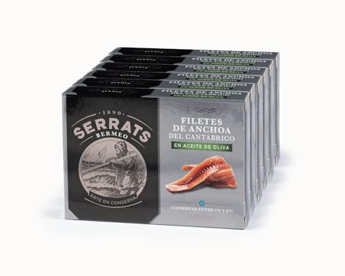 CONSERVAS SERRATS - Anchoas del Cantábrico en Aceite de Oliva - 6 Latas x 85g (Total: 510g) - Maduradas en Salazón Tradicional - Limpieza Manual - Gourmet Premium