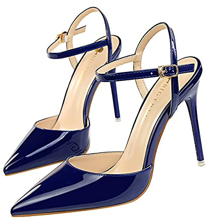 Dammode spetsig hög klack patentläder ankelrem stilett stängd tå klänning flicka sandaler klänning pumps hovskor pumps hovskor för fest nattklubb bröllop häl höjd 10,5 cm, - BLÅ - 35 EU