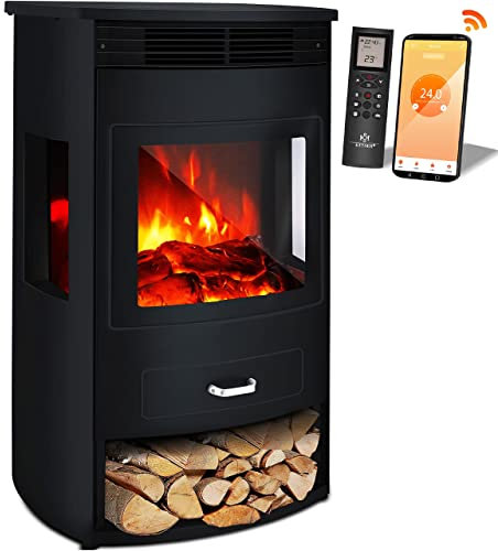 KESSER® Prio Elektrokamin mit Heizung Heizlüfter Fernbedienung WiFi App 950/1900 W Kamin elektrisch LED-Flammeneffekt Kaminfeuer mit Thermostat Panorama-Sichtfenster Heizfunktion Timer