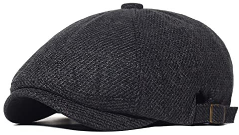 QBQZXAOSOWH Barett Cap Flache Kappe Warme Karierte Ballonmützen Lässige Outdoor-Retro-Barett-Hüte Fahrer Achteckiger Hut Mode Feste Flache Kappen 56-59 cm Schwarz