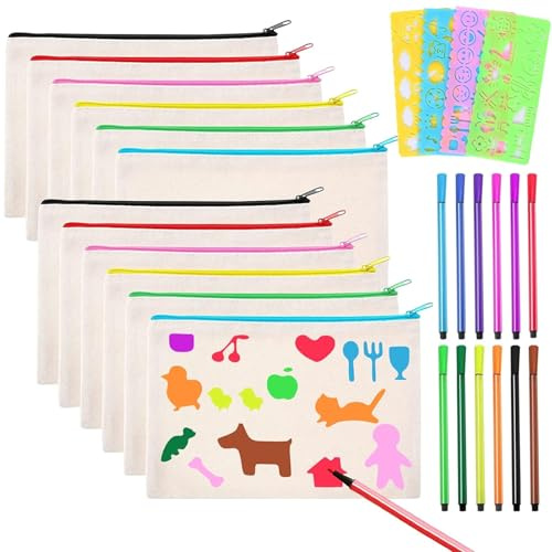 12 Stück DIY Blanko Stoffbeutel, Reise Kulturbeutel, Segeltuch Kosmetiktasche, Kommt mit 12 Farbigen Stiften und 4 Zeichenvorlagen, für Reisen Make Up Taschen, Aufbewahrung Schreibwaren