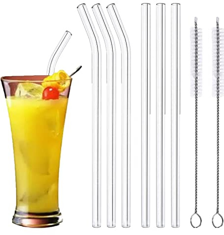 Paille en Verre réutilisables, pailles en verre réutilisables pailles en verre incurvées transparentes réutilisables 6 pièces 10mm Pailles en verre Transparentes et 2 brosses de Nettoyage