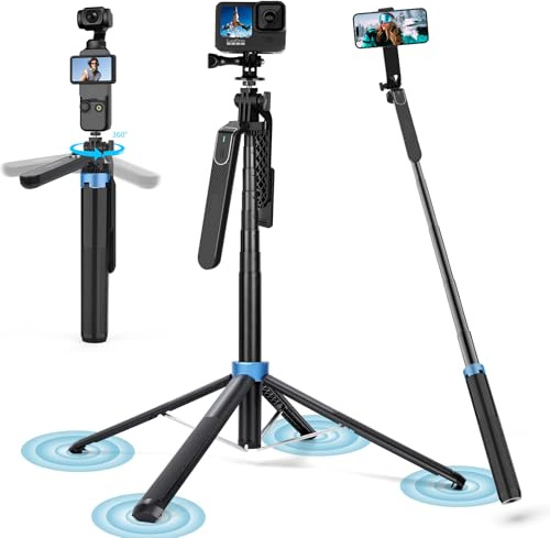 71 4-Leg Selfie Stick Tripod for GoPro/Osmo Pocket 3/insta360/iPhone/Android, Cell Phone Tripod Stand with Remote & 360 Rotation Pan-Handle for Travel Vlogging Video Recording