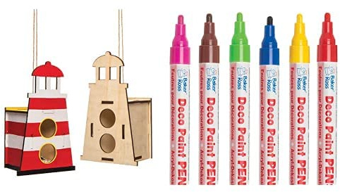 Baker Ross Vogelhaus-Bastelsets Leuchtturm aus Holz (2 Stück) und Deko-Lackstifte (Packung B) 6 Stück