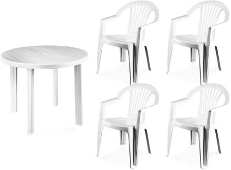 Dekohome Pack Mesa y 4 Sillas de Plastico Jardin, Ideal para Exterior, Interior, Comedor, para 4 Pesonas, Máxima Resistencia y Fácil Limpieza, Color Blanco, Mesa 90cm diá. y 4 Sillas