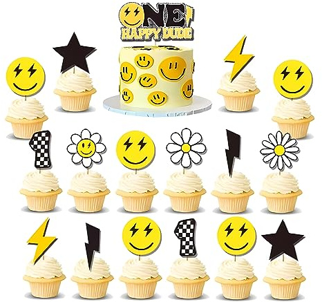 17 PCS One Happy Dude Birthday Party Decorations Smiley Face Daisy Flower Cupcake Toppers, Groovy Cake Topper, Cool Dude Theme Supplies for 1st Birthday Boys & Girls, Baby Shower, Photo Booth Props