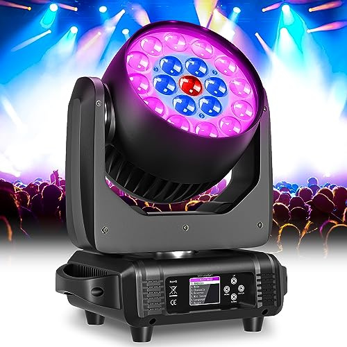 WZYBUTA 19 x 15W Lyre LED RGBW DMX Beam Wash Zoom Jeux de Lumiere Soiree DJ DMX Luminaires à Tête Rotative de Scène Professionnelle pour Noël, Fête Discothèque et Boîte de Nuit