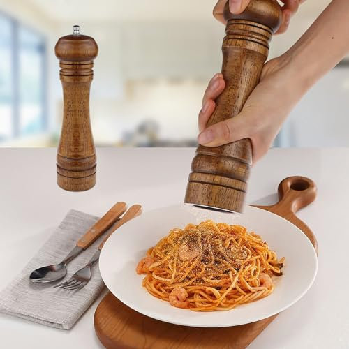 Ulsam Wooden Pepper Mill - 8 Inch Refillable Manual Peppercorn Grinder with Adjustable Thickness Ceramic Rotor for Kitchen and Picnics
