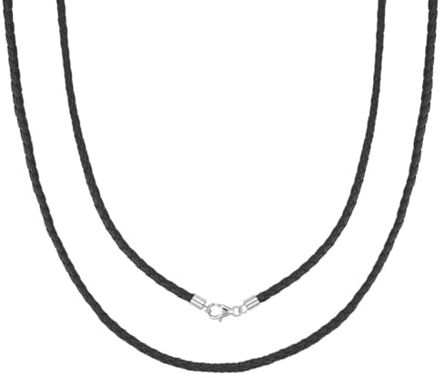 Beebeecraft 2Pcs Braided Leather Necklace Black Genuine 3mm Leather Cord Round Necklace with 925 Sterling Silver Lobster Clasp 18In