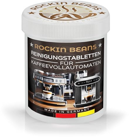 ROCKIN BEANS 100 Reinigungs Tabs für Kaffeevollautomaten. Zur Entfernung von Kalk und Kaffeerückständen, verlängert die Lebensdauer der Maschine, umweltfreundlich. Für alle Marken geeignet