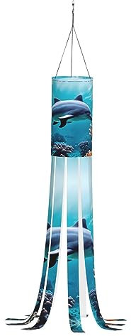 SABFWF Wunderschöner Windsack mit Delfinen, Korallendruck, für Herbst, Winter, Thanksgiving, Outdoor und Geister-Thema, Windsack mit Stange