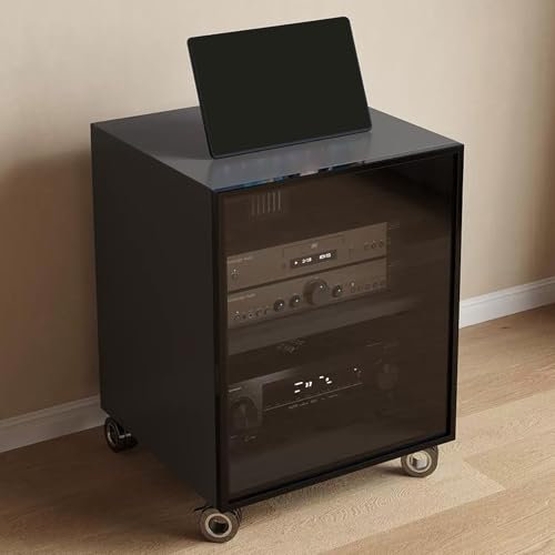 JIAOCKJIAO Phonoschrank, Beweglicher Audio Rack Hi Fi Regal, Record Player Stand mit Glastür, Hi Fi Rack mit Kabellöchern, Moderner TV-Schrank mit Verstellbaren Regalen(Gray,2 Tier 55x45x60CM)