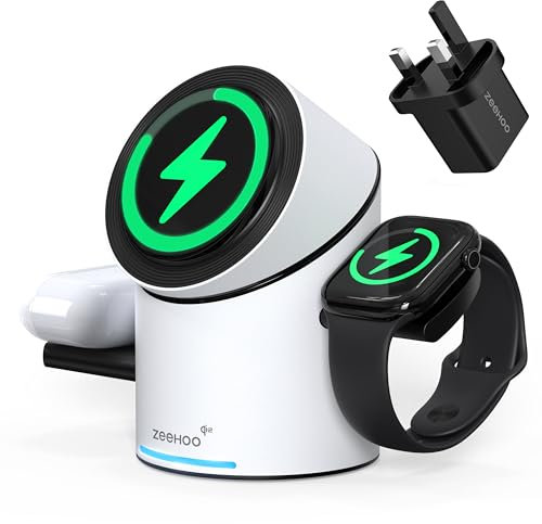 ZEEHOO Cargador Inducción para Cargador iPhone Inalámbrico, Qi2 15W Estación de Carga Apple, Cargador Inalámbrico 3 en 1 para Apple Watch, iPhone, AirPods Blanco (Adaptador de Cargador 30W Incluido)