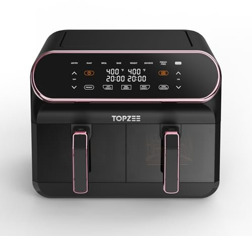 TOPZEE 8L Large Air Fryer, Dual Basket Airfryer with Easy View Windows, 2 Independent 4L Nonstick Dishwasher Safe Baskets, w/Pink Border