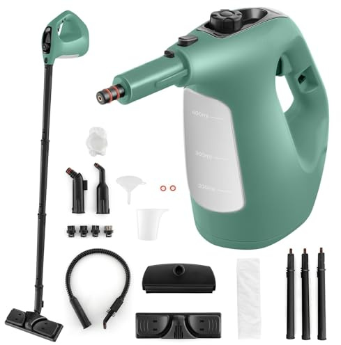 COSTWAY 1500W Pulitore a Vapore Portatile, Macchina a Vapore con Serbatoio d'Acqua da 400 ml Blocco per Bambini e Kit di Accessori da 14 Pezzi, 33x13x24,5 cm (Verde)