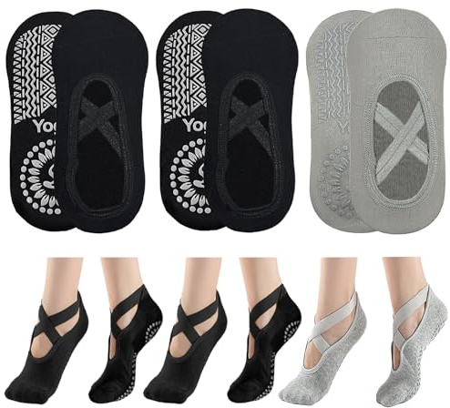 KEYRI 3 Pares Calcetines Pilates Yoga para Mujeres Niñas, Calcetines Antideslizantes Calcetine De Agarre medias de ballet con Asas y Correas, Low Top Calcetine Deportivos (Algodón, 2Negros + 1Gris)