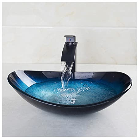Aufsatzwaschbecken, Aufsatzwaschbecken, Gehärtetes Glas, Badezimmer-Aufsatzwaschbecken, Badezimmerwaschbecken, Waschbeckenschrank, Waschtischarmaturen-Set, Blaues Badezimmerwaschbecken, Kleines Keram