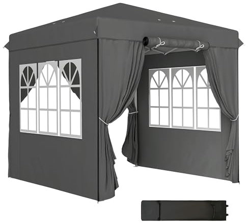 Outsunny Pavillon 2,5x2,5m, wasserabweisend Stabil Winterfest Pop-up Faltpavillon, UV Schutz 50+, Faltbar Partyzelt Gartenzelt mit 4 Seitenteilen Tasche Gartenpavillon für Camping Garten, Dunkelgrau