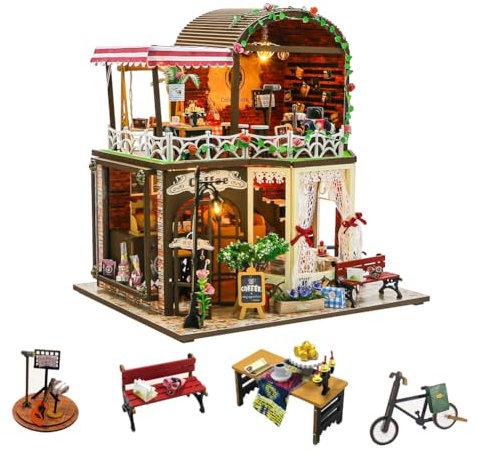 DIY Miniatur Puppenhaus Kit, 3D Coffee Shop Puzzle Modell 1:24 Maßstab Double Decker Cafe Zubehör Möbel und LED-Lichter, Junge Mädchen Erwachsene Geburtstag Geschenk