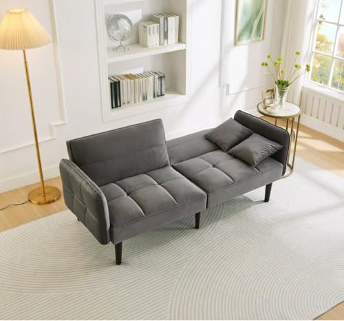 Kebnor 2-in-1 Verstellbares Schlafsofa – Zweisitzer mit Samtbezug, klappbaren Armlehnen & Schlaffunktion,ideal für kleine Räume (Grau)
