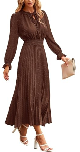 Damen Herbst Kleider Langarm V-Ausschnitt Schweizer Punkte Maxikleid Boho Langes Kleid Hohe Taille A-Linie Rüschen Kleid Einfarbig Wickelkleid Elegant Freizeitkleider 4#Braun M