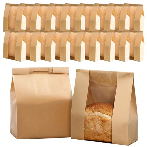 Brottüten Papier Groß, 50 Stück Kraftpapier Tüten mit Sichtfenster, Papiertüten Braun 21x9x35cm für Gebäck, Kekse, Sandwich, Aufbewahrung, Geschenkverpackung, Bäckertüten Butterbrottüten