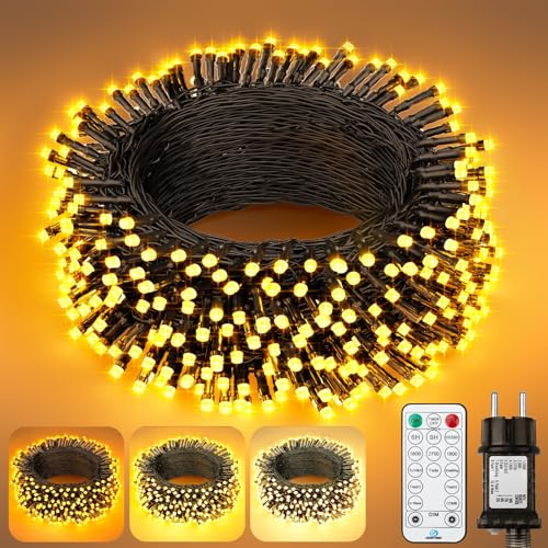 Luci Albero di Natale 20M, 200 LED 3 Bianco Caldo Dimmerabile Luci Natale Esterno ed Interno Collegare con Funzione Memoria e Telecomando IP44 Impermeabile Luci LED per Giardino Balcone Casa Festa