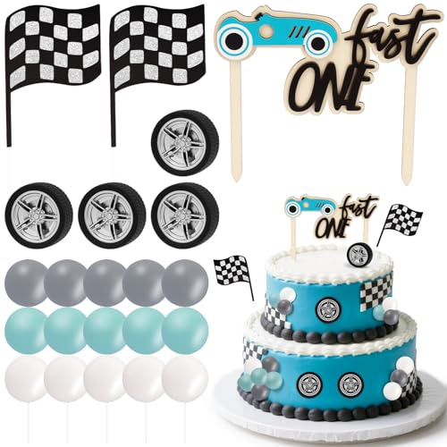 One Fast Race Car Cake Toppers Set, Racing Car Birthday Party Decorations with Checkered Flags, Wheels & Balloons, Birthday Cake Topper for Racing Themed Party Supplies