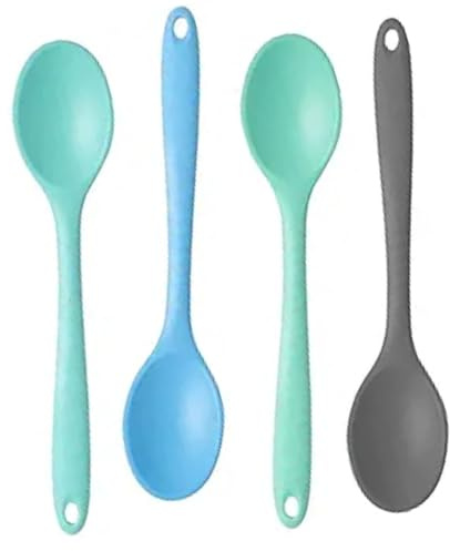 4PCS Small Silicone Spoons for Eating, Nonstick Mixing Spoons Set, Heat Resistant Cooking Baking Stirring Serving Spoons, Multi-Color Kitchen Utensils (Blue, Cyan, Green, Gray)