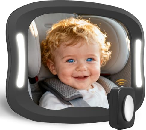Plantureco Baby Car Mirror with LED Light & Remote Control - Night Vision Rear Facing Car Seat Mirror, Adjustable Shatterproof Safety Mirrors for Backseat Infant, Universal Fit for Cars, SUVs (Black)