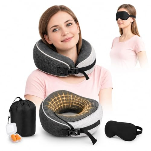HOMIFY PLANET Memory Foam Travel Neck Pillow for Airplane, Car & Office - Neck & Chin Support Flight Pillow with Eye Mask, Earplugs & Carry Bag for Adults