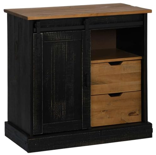 Yisssmeng Credenza in pino massiccio nero, 80 x 40 x 80 cm, con anta scorrevole e 2 cassetti, design moderno, robusto cassettiera per soggiorno, camera da letto, corridoio