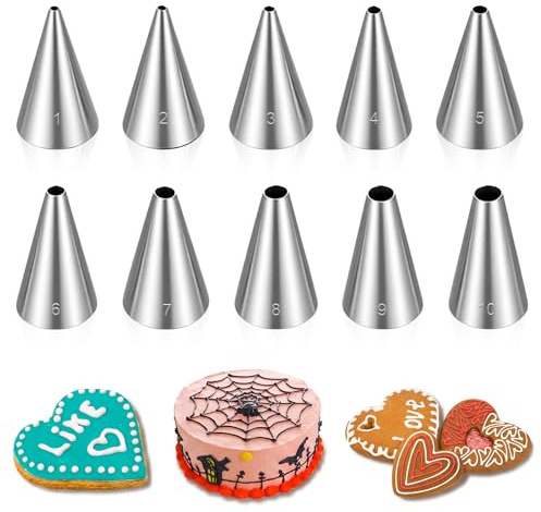 Classicseali 10 stycken spritstyllar, stora, rostfria munstycken för spritpåsar med 10 olika öppningsbredder (0,15–0,65 cm), återanvändbara för kakor, tårtor, kakdekoration (silver)
