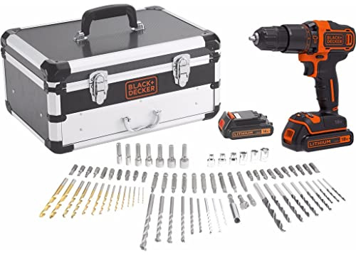 BLACK+DECKER BDC718AS2F-QW Perceuse à percussion sans fil - 250 cps /min - 2 vitesses - 80 accessoires - Livrée en malette métal 18, 18V, Noir/Orange, 2 Batteries