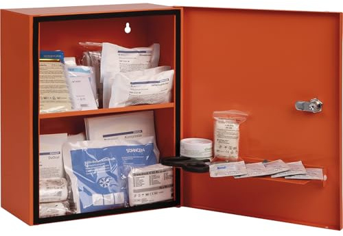 Söhngen Verbandsschrank Heidelberg Norm - City Style (mit Sicherheitsschloss, erweiterbar, Inhalt nach DIN 13157, mit Verbandsmaterial, Rettungsdecke) orange, 0501030