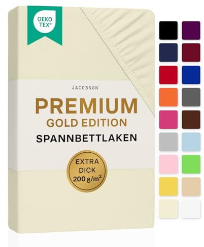 Jacobson Premium Spannbettlaken 200 g/m² Jersey Baumwolle mit Elasthan (180x200-200x200 cm, Natur)