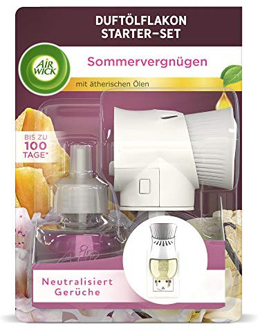 Air Wick Duftölflakon – Starter Set mit Duftstecker und Duftflakon für die Steckdose – Duft: Sommervergnügen – 1 x Gerät und 1 Nachfüller – Plastikfreie Verpackung